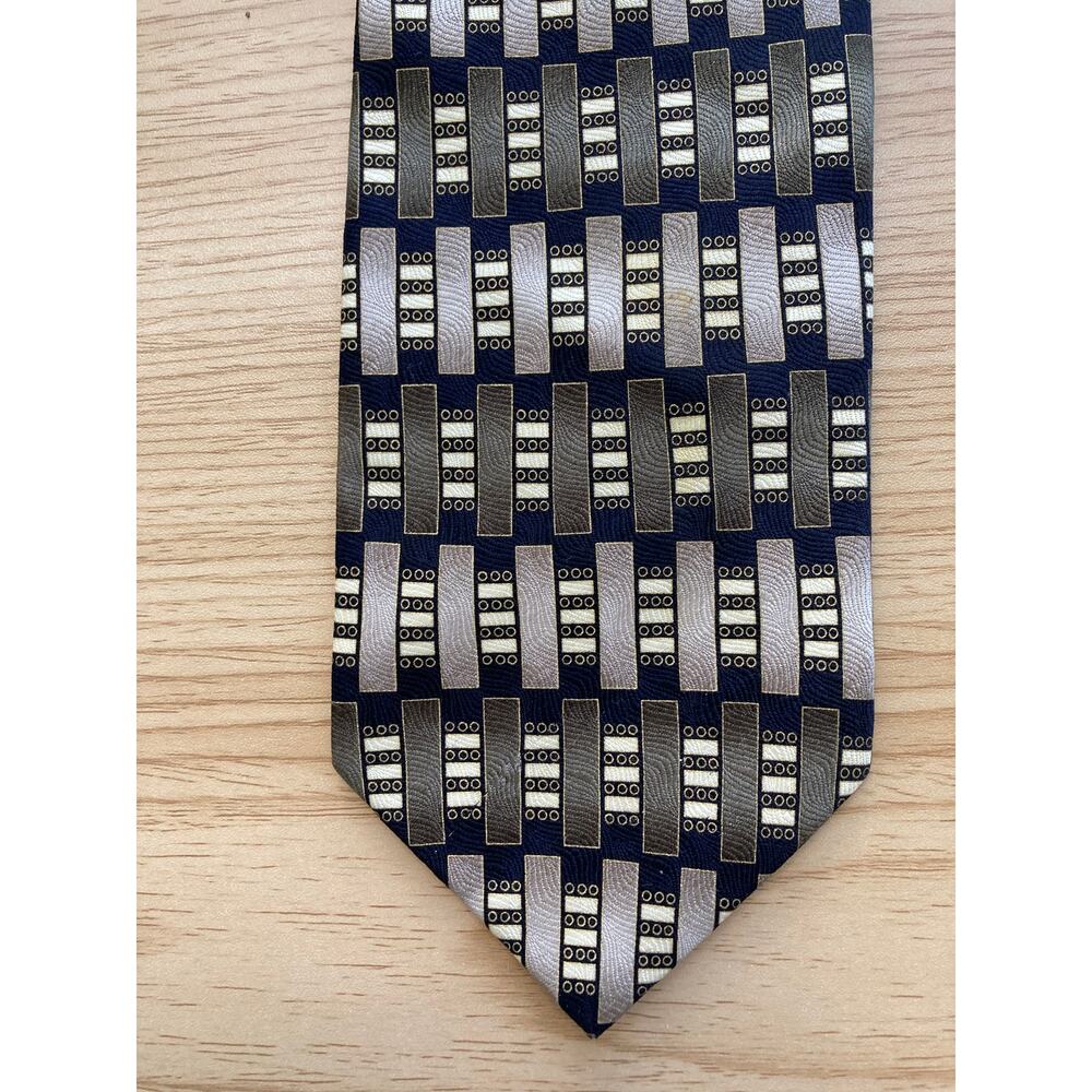 Mosaic Handmade Geometric Gray/Green/Navy Blue 100% Silk Tie